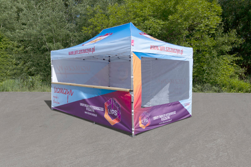 Gastronomiezelt 3x4,5 mit Logodruck und Fenstern
