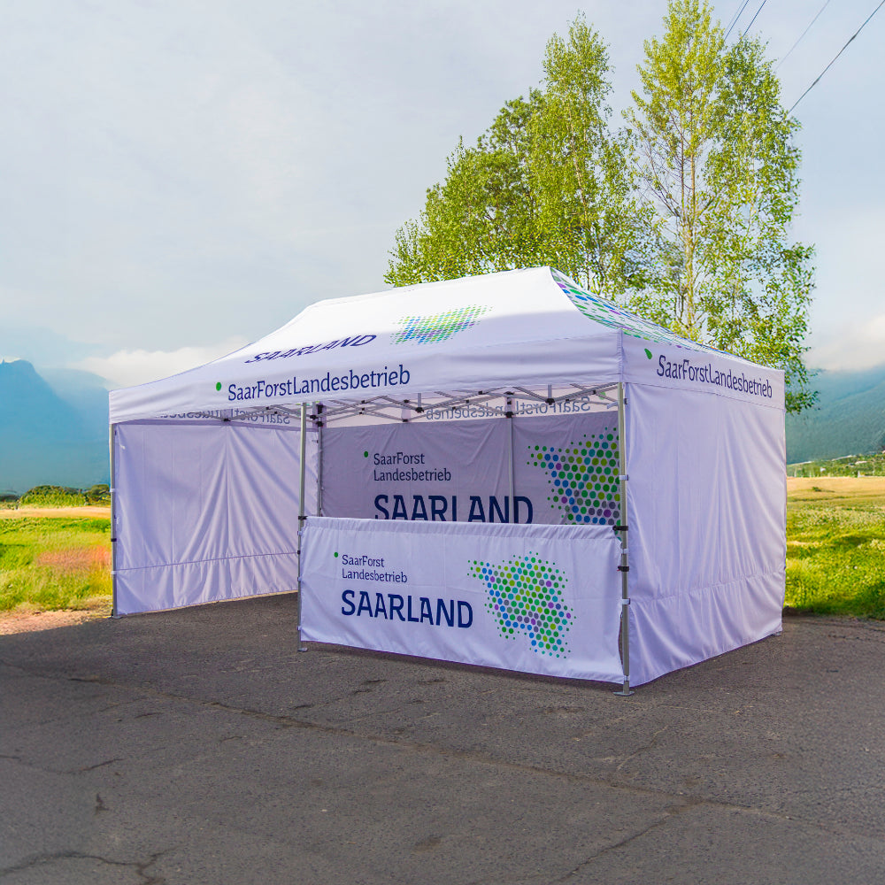 Logozelt 3x6 mit Seitenwänden und Halbwand